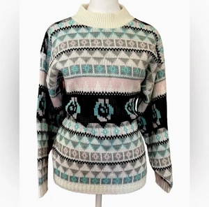Vintage 1980er Fair Isle geometrischer Oma Cosby pastellfarbener & schwarzer Rollkragenpullover M - Bild 1 von 5