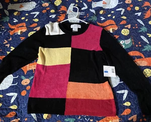 Sag Harbor Womens Chenille Sweater Black Red Color Block Long Sleeve Petites M - Picture 1 of 5