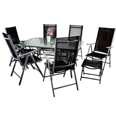 9tlg. Gartengarnitur Sitzgruppe Garnitur Gartenstuhl Klappstuhl Hocker schwarz - Bild 1 von 4