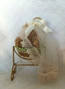 Miniature Teddy Bear in Bassinet w/ Baby Doll 4.75" T 2.50" W/ Resin & Metal - Picture 1 of 5