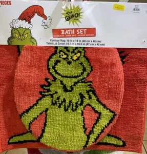 New Red Green The Grinch Christmas Bath Set Lid Toilet Seat Cover Bathroom Rug - Picture 1 of 2