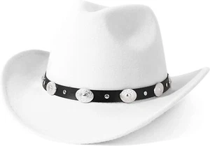 White Western Cowboy, Cowgirl Hat, Black & Silver Strap, Men Women, Wide Brim - Picture 1 of 5