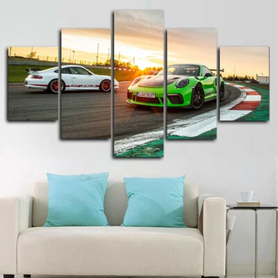 Dos autos deportivos pista de carreras 5 paneles lienzo impresión arte de pared decoración del hogar Foto 1 de 4