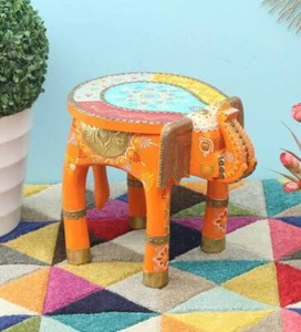 12''Inch Copper Work Wooden Elephant Stools, Table, Step Stool Decor, Kids Stool - Picture 1 of 9