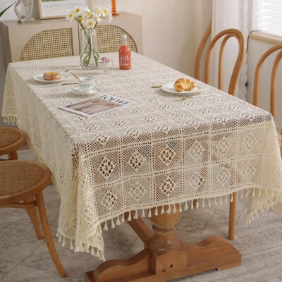 Vintage Crochet Lace Tablecloth Rectangular Hollow Doily Tassel Table Cover - Image 1 of 4
