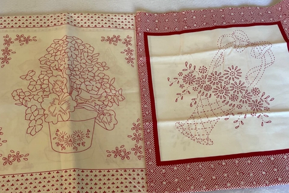 Paneles de tela de edredón de algodón Kaufman Red Work ~ Lazy Daisy ~ Windownill Garden Foto 1 de 4