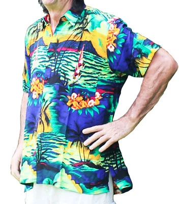 LOUD Hawaiian shirt BLUE/ GREEN with palm trees orange sunsets 5XL 62" STAG new - Image 1 of 4