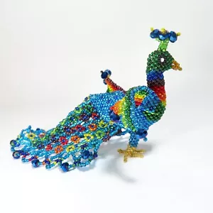 Huichol Beaded Peacock Figure Handmade Blue Metallic Bird Mexican Folk Art - Picture 1 of 19