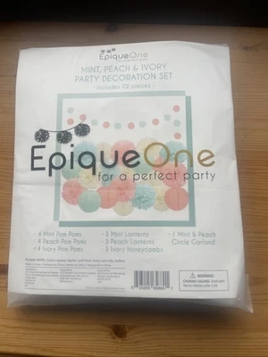 22 Party Decoration Set Mint, Peach & Ivory Lanterns Pom Poms Garland - Image 1 of 4