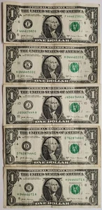Cinco billetes de un dólar de 444 $1 número de serie de lujo, 444 en el número de serie - Imagen 1 de 2
