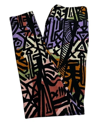 LuLaRoe Leggings OS One Size BLACK Retro Line Colorful TRIBAL Geometric Lounge - Image 1 of 4