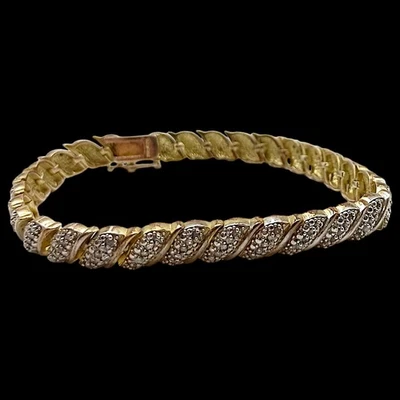 Gold Over Sterling Bracelet Silver Diamond Taiwan FAS Vintage 90s Twist Design  - Image 1 of 4