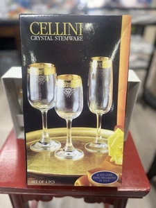 4er Set Cellini Kristall Stielgläser Weinkelch Gläser 24 KT Gold handverziert - Bild 1 von 3