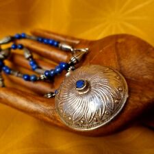 Collier Ethnique Vintage Pendentif Argent Perles Métal & Lapis-lazuli L 46 Cm