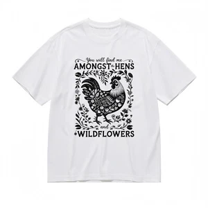 Women's Trend Artistic Breathable Classic T-Shirt Floral Border Rooster Tee - Picture 1 of 6
