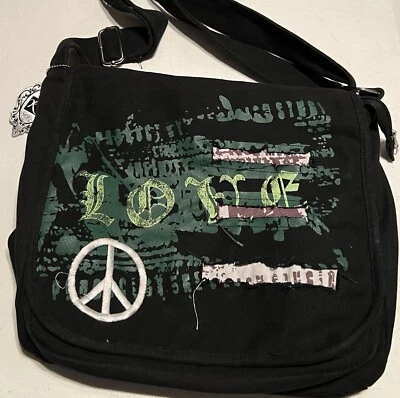 Yoki 邮差包 斜挎包 托特包 黑色 涂鸦 Peace Love Distressed 拉链 — 第 1/4 张图片