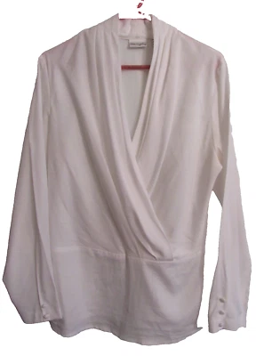 spiegel white poly faux wrap pleated 2-button cuff dress career blouse top 10 - Image 1 of 4