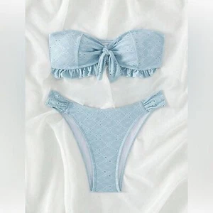 Women’s XL Elegant Front Knot Baby Blue Lace Bandeau Bikini Set - Picture 1 of 10