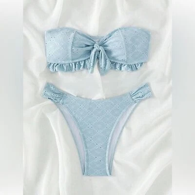 Conjunto de bikini bandeau de encaje azul bebé con nudo frontal elegante XL para mujer Foto 1 de 4