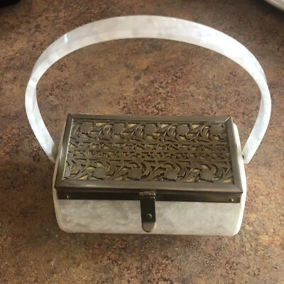 Vtg Lucite Purse With Metal Filigree Single Handle 1950's Mid Century Purse READ - Image 1 of 4