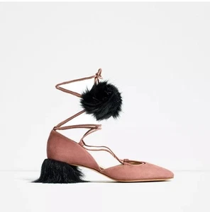 NEW ZARA WOMEN PINK SUEDE LACE UP TASSELLED MID HEEL LEATHER SHOES SZ 6.5 - Picture 1 of 6
