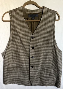 Structure 5 button linen blend vest, brown check, Large - Picture 1 of 7