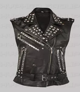 Women's Punk Rock Black Silver Studded Brando Unique Classic Biker Leather Vest - Picture 1 of 2