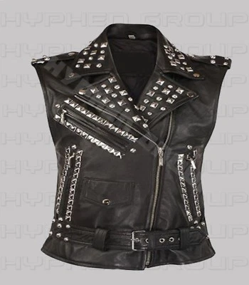 Women's Punk Rock Black Silver Studded Brando Unique Classic Biker Leather Vest - Image 1 of 2