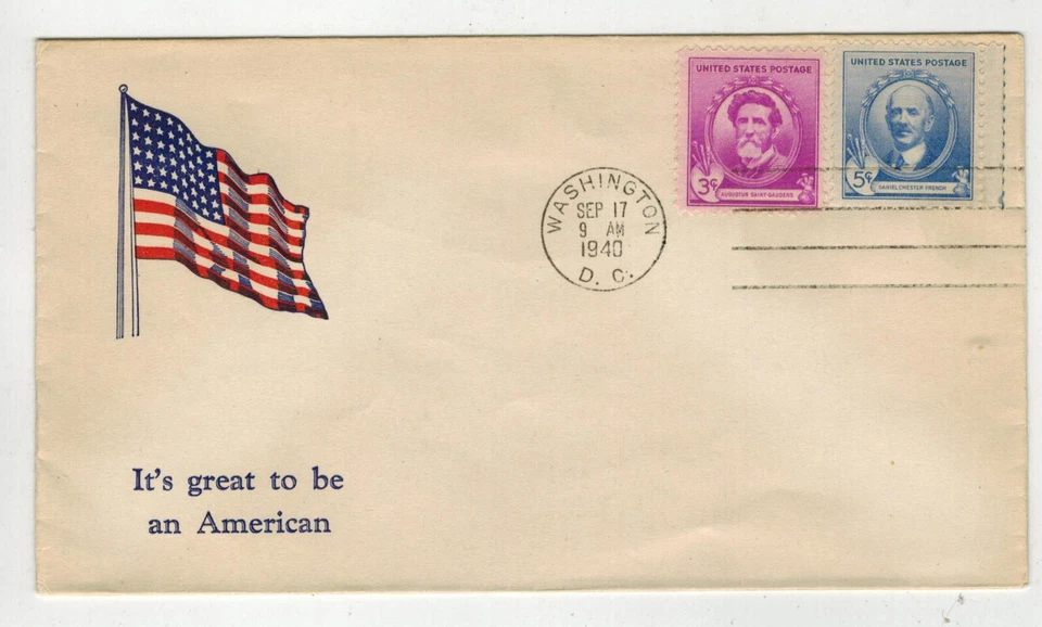1940 FAMOUS AMERICANS ARTISTS SAINT-GAUDENS + D FRENCH DUAL 2nd DAY ON PATRIOTIC - Image 1 of 1