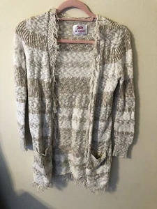Justice Girls Size 14 White And Tan Striped Shimmer Cardigan Sweater - Used - Picture 1 of 3