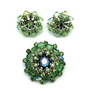Green Uranium Glass AB Rhinestone Brooch Earrings Set Vintage - Picture 1 of 12