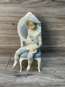 Großer Lladro #1229 matt Harlequin Narr Junge sitzend auf Stuhl mit Katze 10 1/2" T - Bild 1 von 5