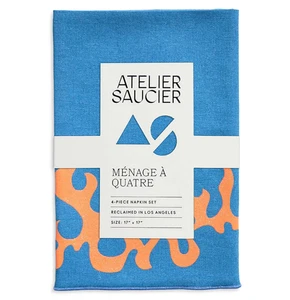 ATELIER SAUCIER BLUE ORANGE FUEGO NAPKINS 100% LINEN 17" SET OF 4 BRAND NEW - Picture 1 of 4
