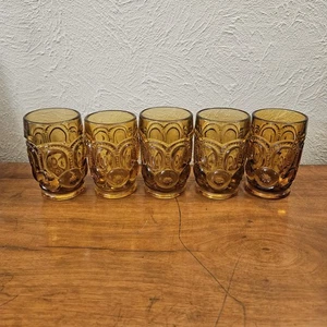 Vintage L.E. Smith Glass Co. Moon and Star Amber Set of 5 Tumblers - Picture 1 of 6