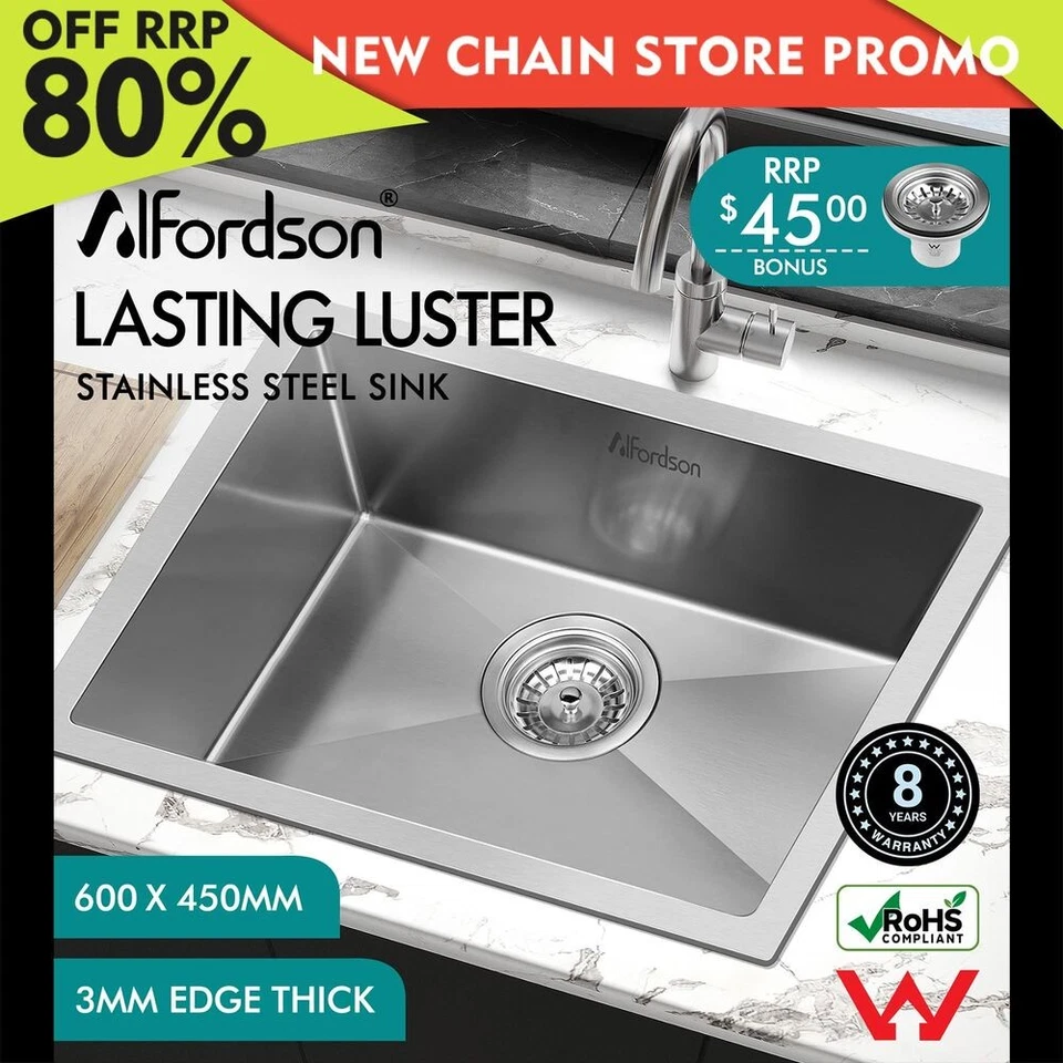 ALFORDSON Kitchen Sink Stainless Steel Drop in Flush Under Mount Bowl 600X450MM