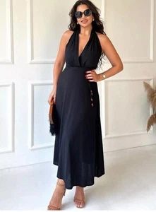 ZARA LINEN BLEND HALTER NECK MIDI DRESS COLOUR-Black SIZE XS - Picture 1 of 9