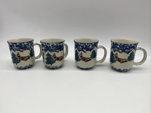 Tienshan Folkcraft Spongeware Cabin in the Snow Coffee Mugs Set of 4 - Picture 1 of 6