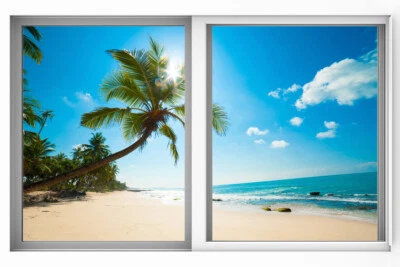Плакат настенный комнатный тропический окно пальмы пляж вид на море - ПЛАКАТ 20x30 - Изображение 1 из 4