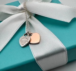 Tiffany & Co. RTT Mini Double Heart Tag Necklace 16 in. Ster. Silver 925 Rubedo - Picture 1 of 8