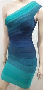 Mini Vestido HERVE LEGER Azul y Verde Un Hombro Vendaje ceñido al cuerpo Noche XS - Imagen 1 de 9