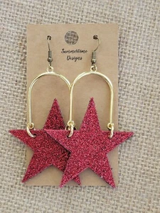 GENUINE Leather Backed Cork Star Cut Earrings Glitter Red 2.5" - Picture 1 of 1