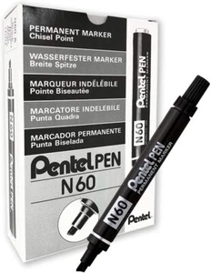 Pentel N60 Black Permanent Marker Pen Chisel Tip - Pack 12 - Picture 1 of 6