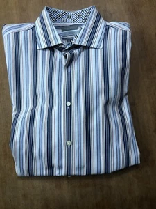 Thomas Dean Herren TD Langarm Flip Cuff blau gestreift 100% Baumwolle Hemd XL - Bild 1 von 6