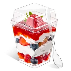 50 Pack 5oz Plastic Dessert Cups High Lids Spoons for Yogurt Fruit Ice Cream - Picture 1 of 7