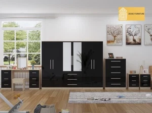 Large 6 Door Full Bedroom Set Black -Wardrobe, Chest, 2 Bedside & Dressing Table - Picture 1 of 12