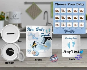New Baby Boy Stork Personalized CERAMIC Money Box PIGGY Bank Penny Coin Jar - Picture 1 of 4