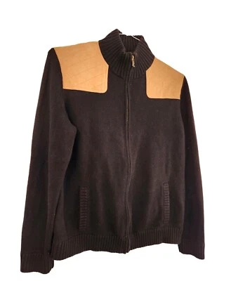 Ralph Lauren Womens Large Black Equestrian Zip Up Cardigan Cotton Suede Patches - Image 1 of 4