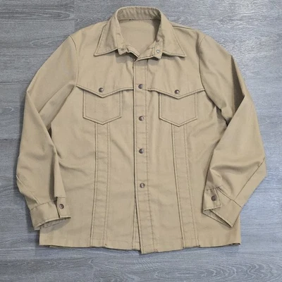 Vintage 70s JC Penney Shirt Disco Western Khaki Tan Button Snap Shirt Canvas 46 - Image 1 of 4