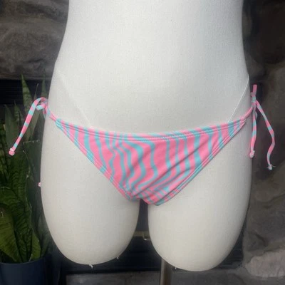 Damsel Eco Swim Pink Blue Zebra Stripe Tie Bikini Bottoms Size M NWT - Image 1 of 4