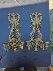 Pair Vintage Hollywood Regency MCM Burwood 1582 Triple Wall Candle Holder Sconce - Picture 1 of 10